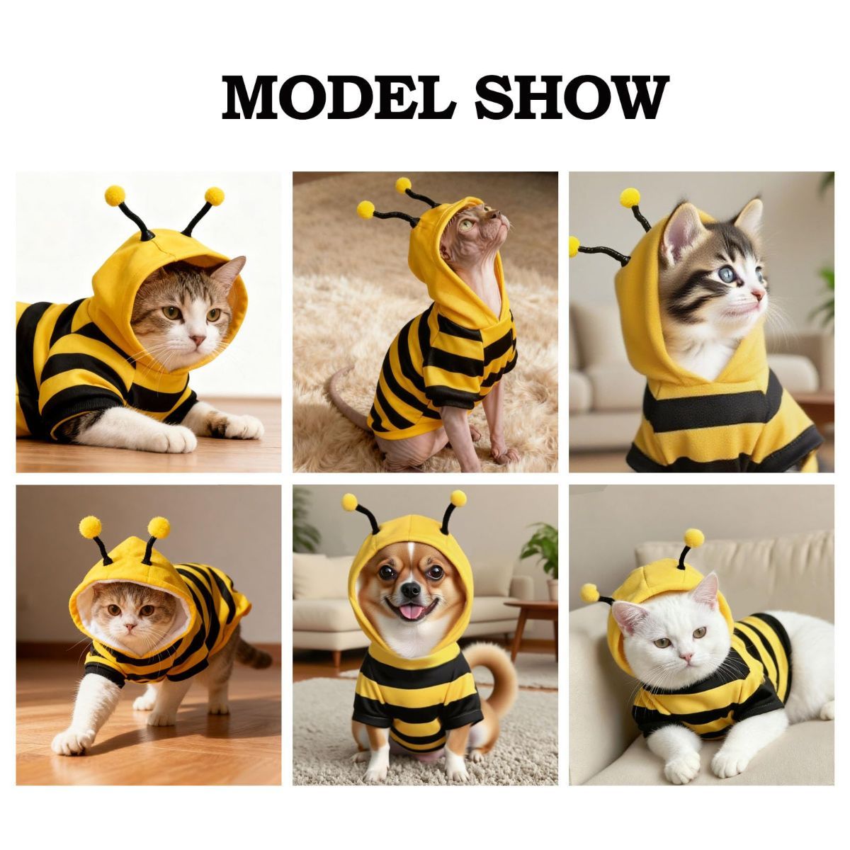 Bumblebee Cat Costume for Sphynx & Small Dogs, Fit Halloween, Yellow, Cute Bee Stripes Hoodie, Soft Warm Fleece, Holiday Cosplay Outfit, Daily Leisure Wear, Easy to Put, Safe for Leash Walking - Yellow / S
