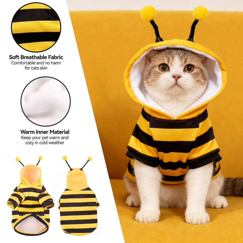 Bumblebee Cat Costume for Sphynx & Small Dogs, Fit Halloween, Yellow, Cute Bee Stripes Hoodie, Soft Warm Fleece, Holiday Cosplay Outfit, Daily Leisure Wear, Easy to Put, Safe for Leash Walking - Yellow / XS