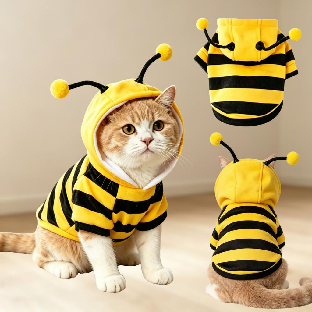 Bumblebee Cat Costume for Sphynx & Small Dogs, Fit Halloween, Yellow, Cute Bee Stripes Hoodie, Soft Warm Fleece, Holiday Cosplay Outfit, Daily Leisure Wear, Easy to Put, Safe for Leash Walking - Yellow / XXS