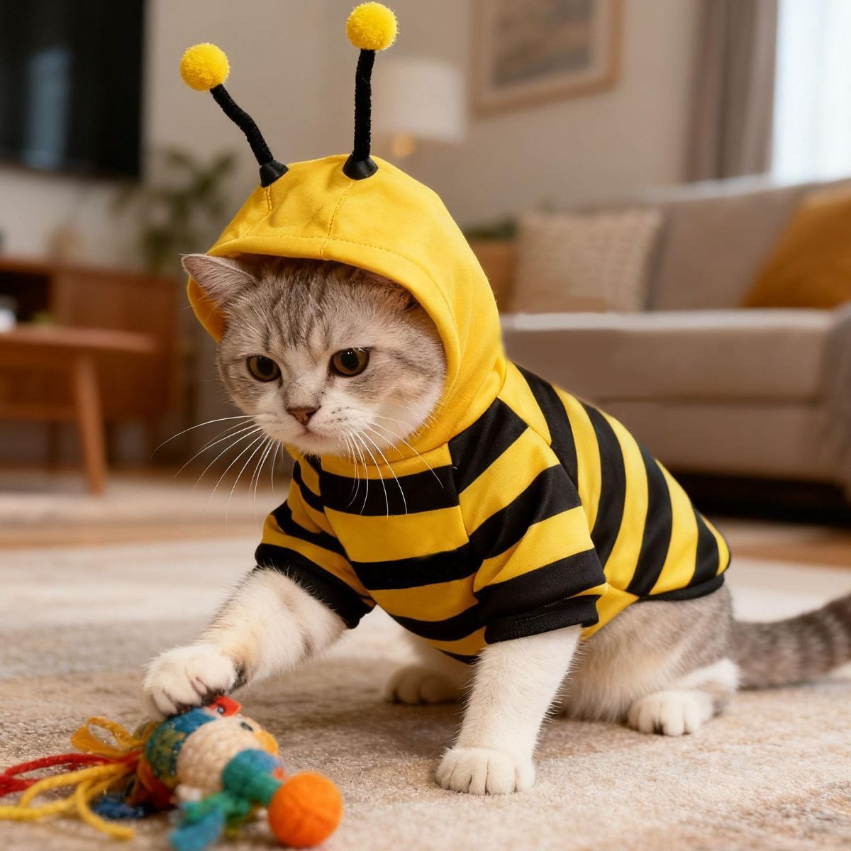 Bumblebee Cat Costume for Sphynx & Small Dogs, Fit Halloween, Yellow, Cute Bee Stripes Hoodie, Soft Warm Fleece, Holiday Cosplay Outfit, Daily Leisure Wear, Easy to Put, Safe for Leash Walking - Yellow / XXS