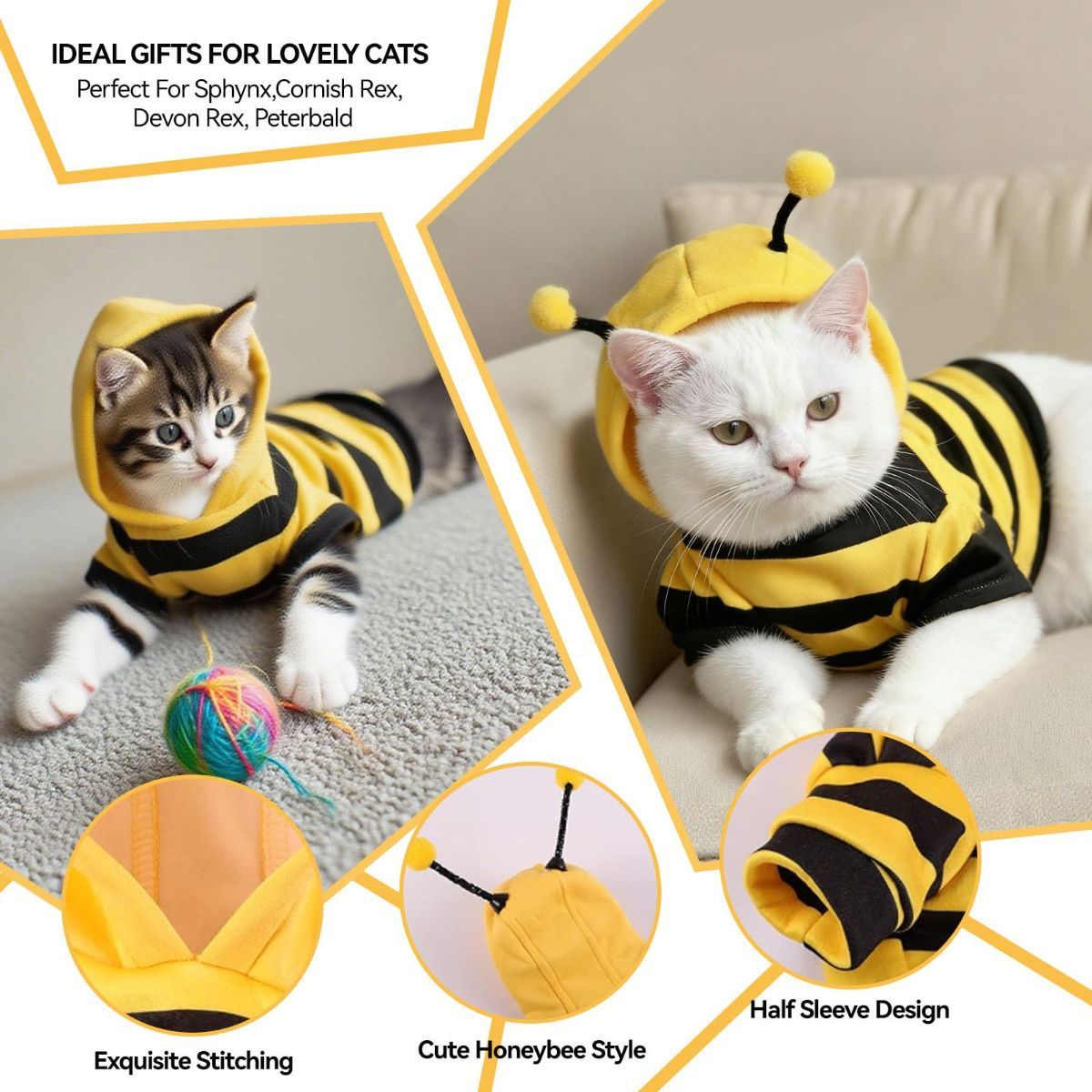 Bumblebee Cat Costume for Sphynx & Small Dogs, Fit Halloween, Yellow, Cute Bee Stripes Hoodie, Soft Warm Fleece, Holiday Cosplay Outfit, Daily Leisure Wear, Easy to Put, Safe for Leash Walking - Yellow / XXS