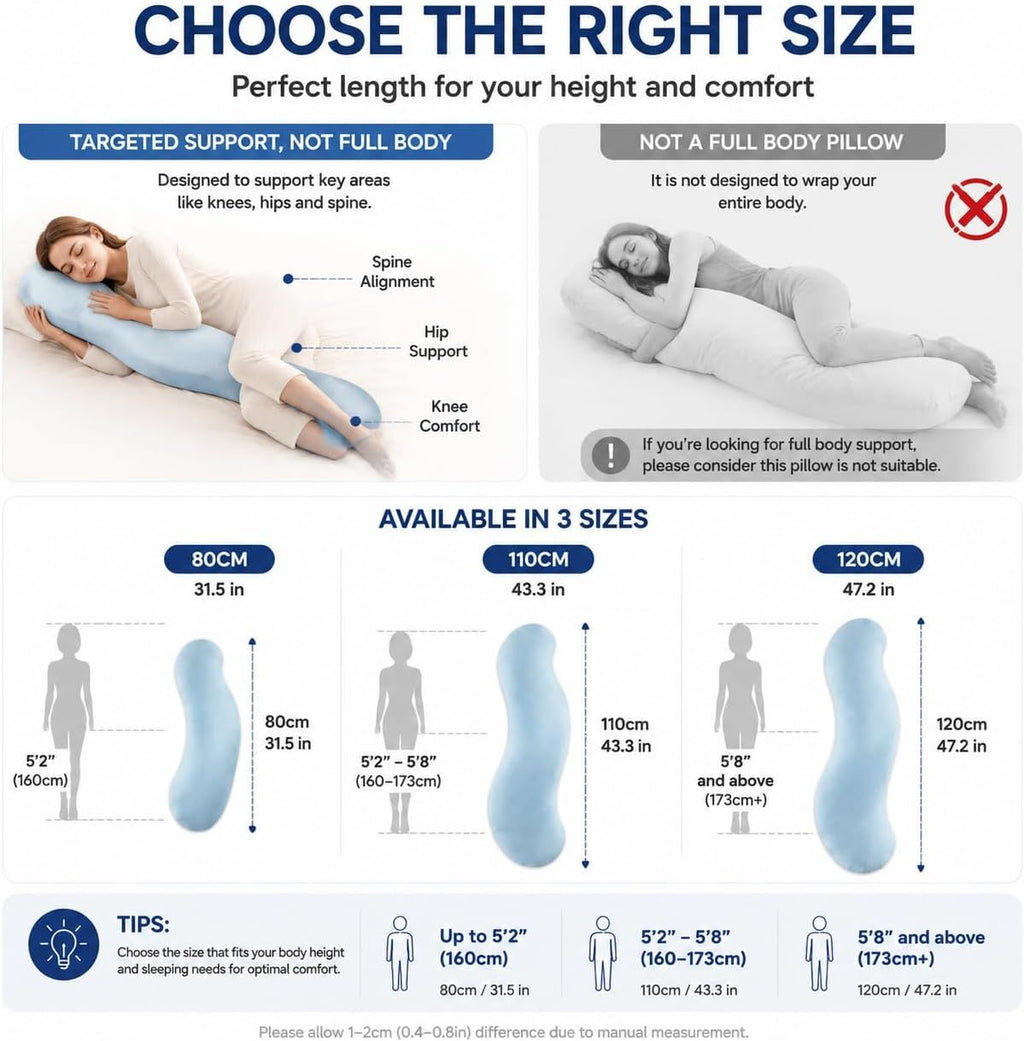 Pea Pod Shape Body Pillow for Adults Full-Body Support Side Sleeper Pillow, Pregnancy Back Pain Relief, Soft Hug Pillow with Memory Fiber Filling