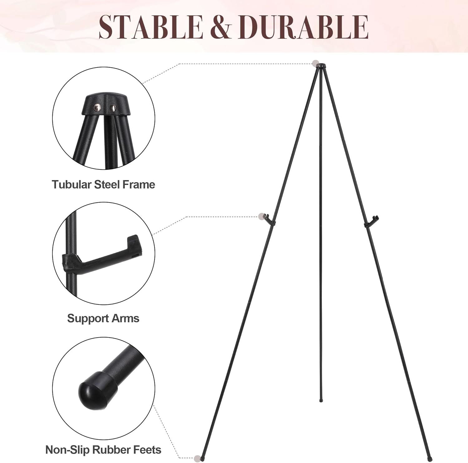 Portable Folding Metal Tripod Easel for Wedding Signs, Posters & Art Displays – Adjustable Height, Non-Slip Base (Black)