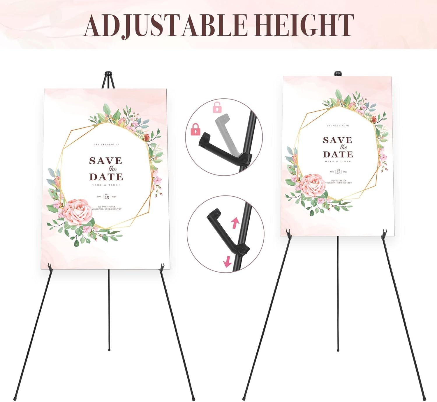 Portable Folding Metal Tripod Easel for Wedding Signs, Posters & Art Displays – Adjustable Height, Non-Slip Base (Black)