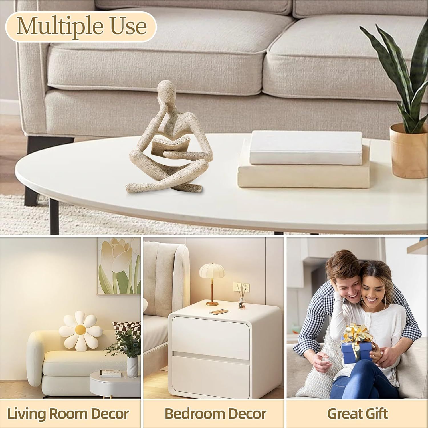 Abstract Reading Thinker Statue for Home Decor, Modern Resin Sculpture Figurine for Bookshelf, Desk & Living Room (White)