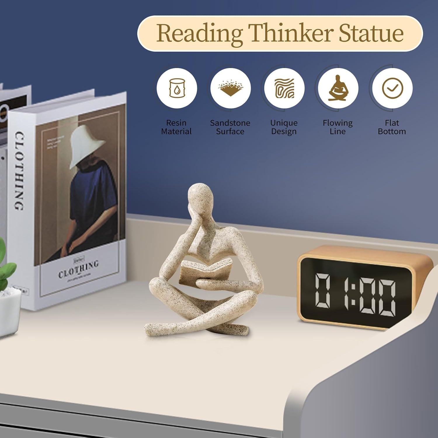 Abstract Reading Thinker Statue for Home Decor, Modern Resin Sculpture Figurine for Bookshelf, Desk & Living Room (Black)