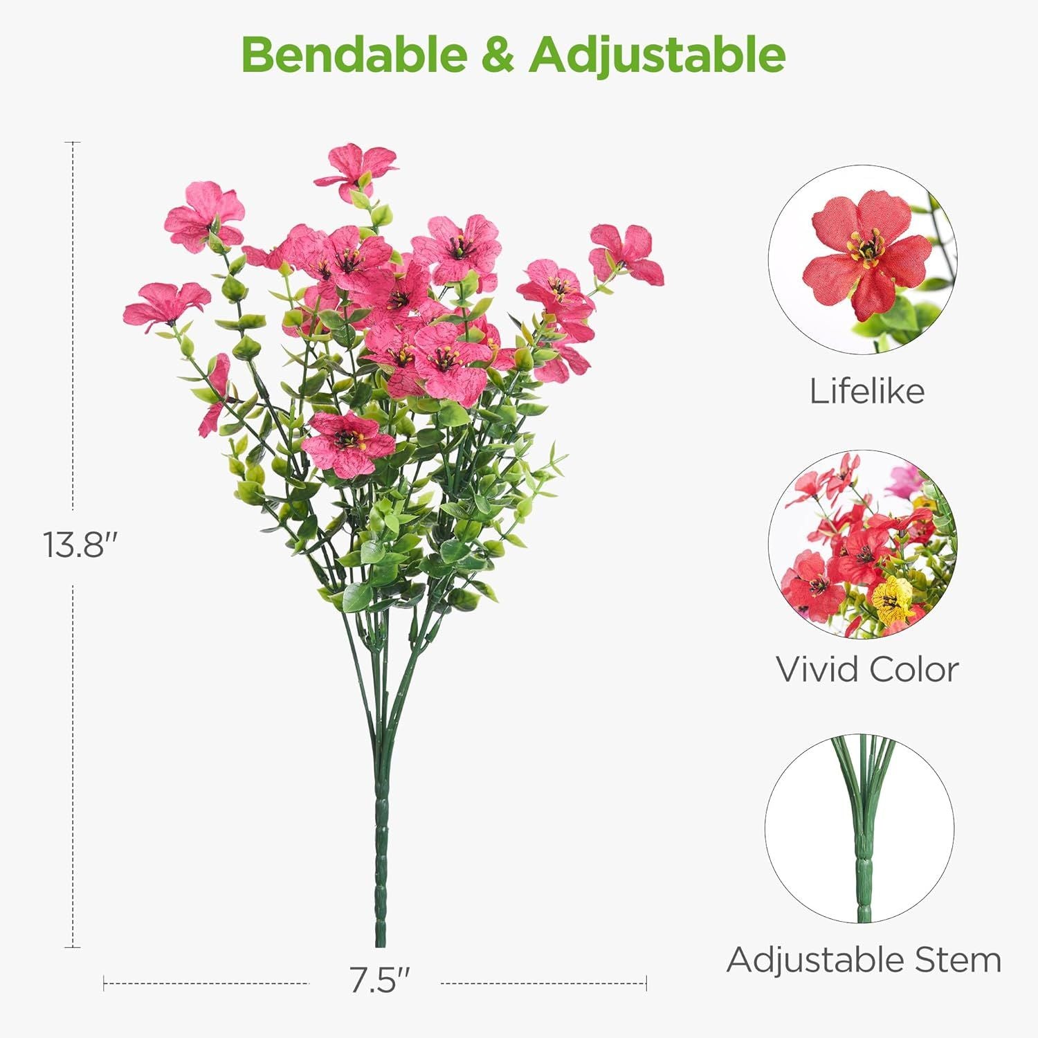 12 Bundles UV Resistant Artificial Violet Flowers with Eucalyptus Leaves for Outdoor Patio Garden & Indoor Home Decor (4 Colors)
