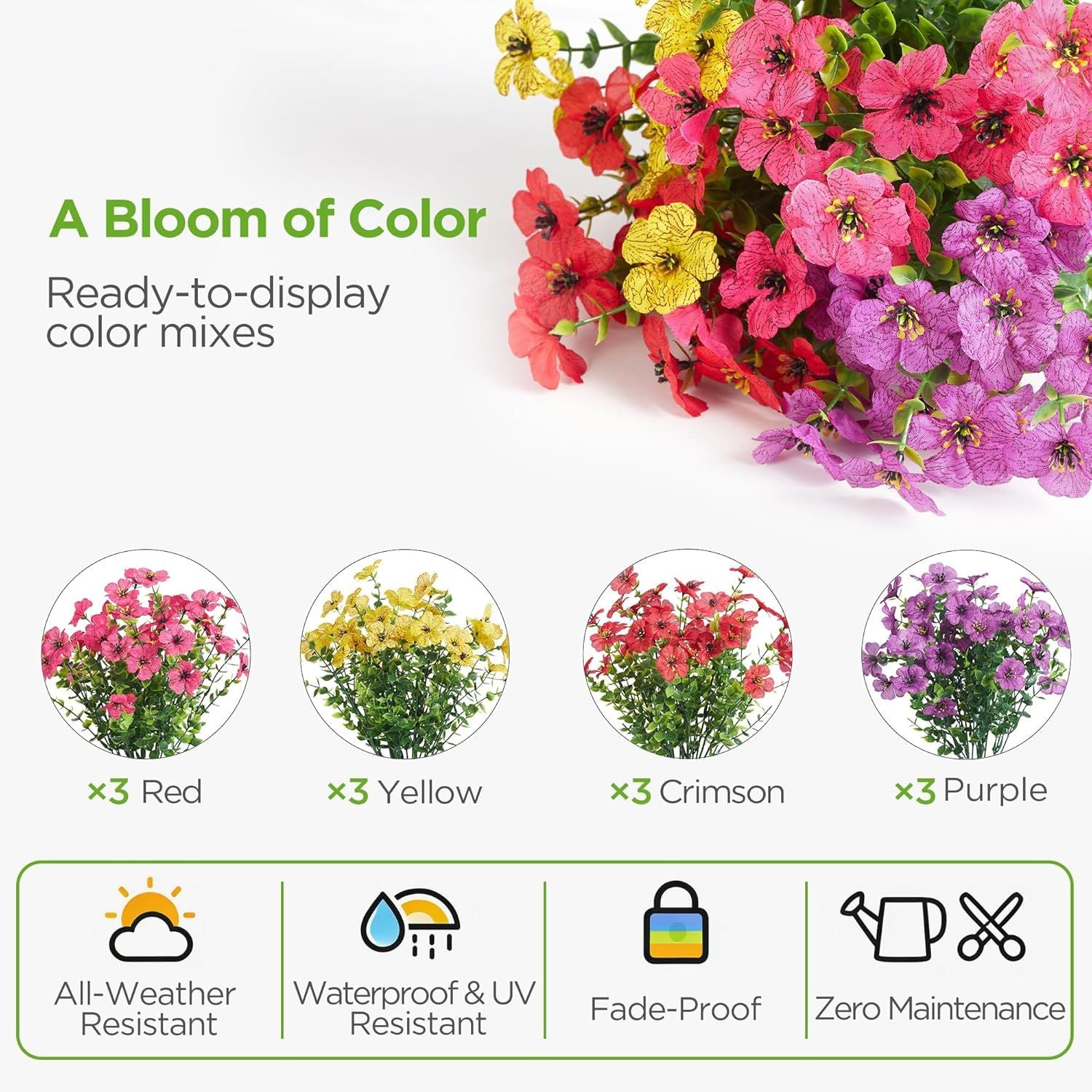 12 Bundles UV Resistant Artificial Violet Flowers with Eucalyptus Leaves for Outdoor Patio Garden & Indoor Home Decor (4 Colors)
