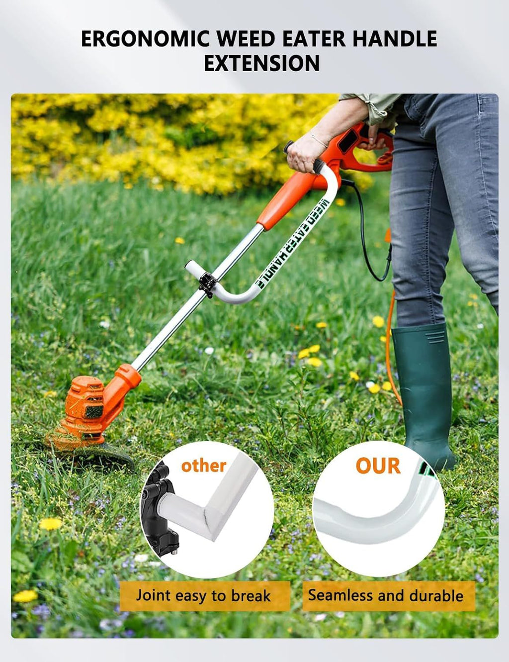 Ergonomic Weed Eater Handle Extension with Adjustable Angle and Shoulder Strap, Durable Aluminum Alloy Grip for Lawn Trimmer (White)