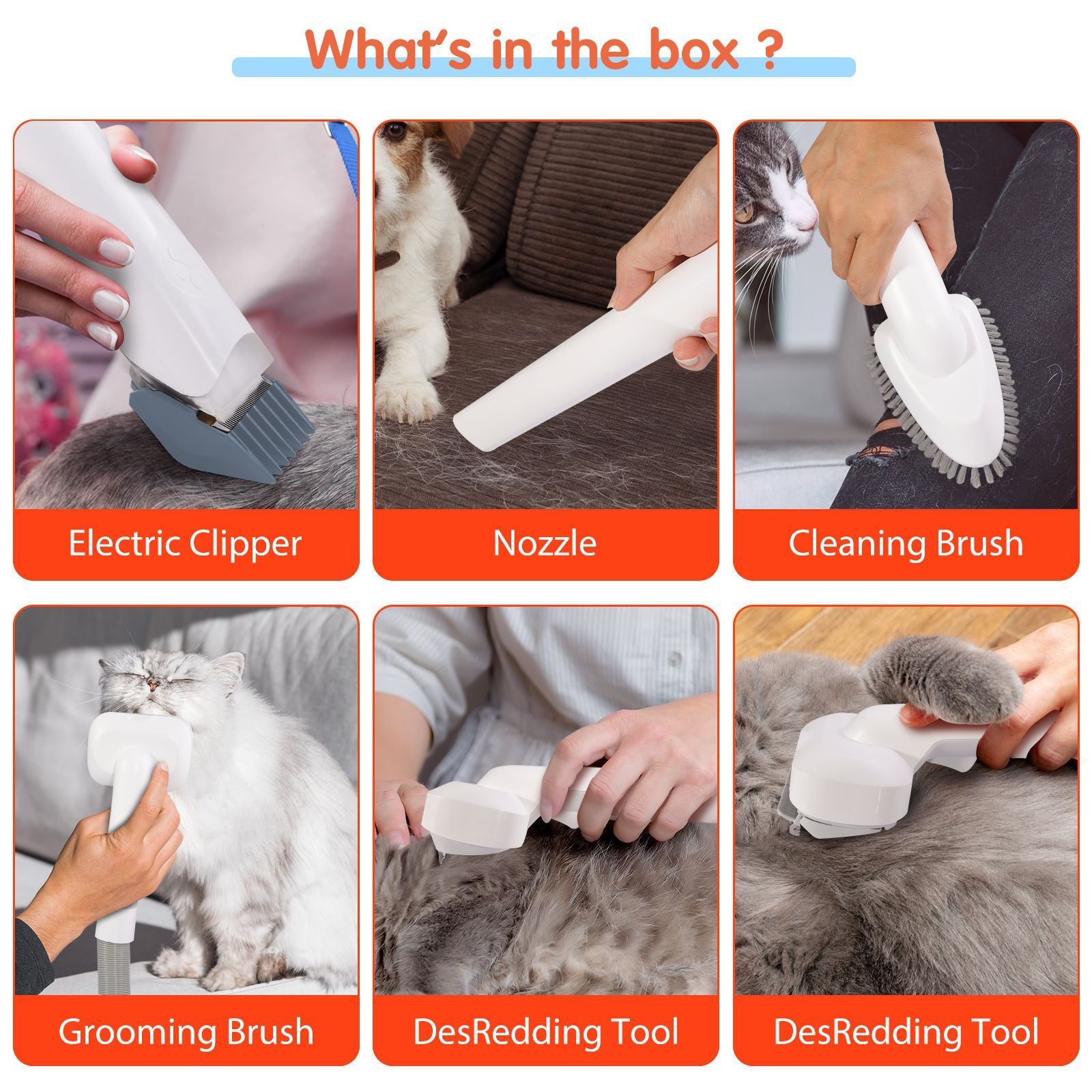 All-in-One Pet Grooming Vacuum Kit with Electric Clipper & Brushes for Dogs and Cats, Low Noise & Strong Suction (Grey)