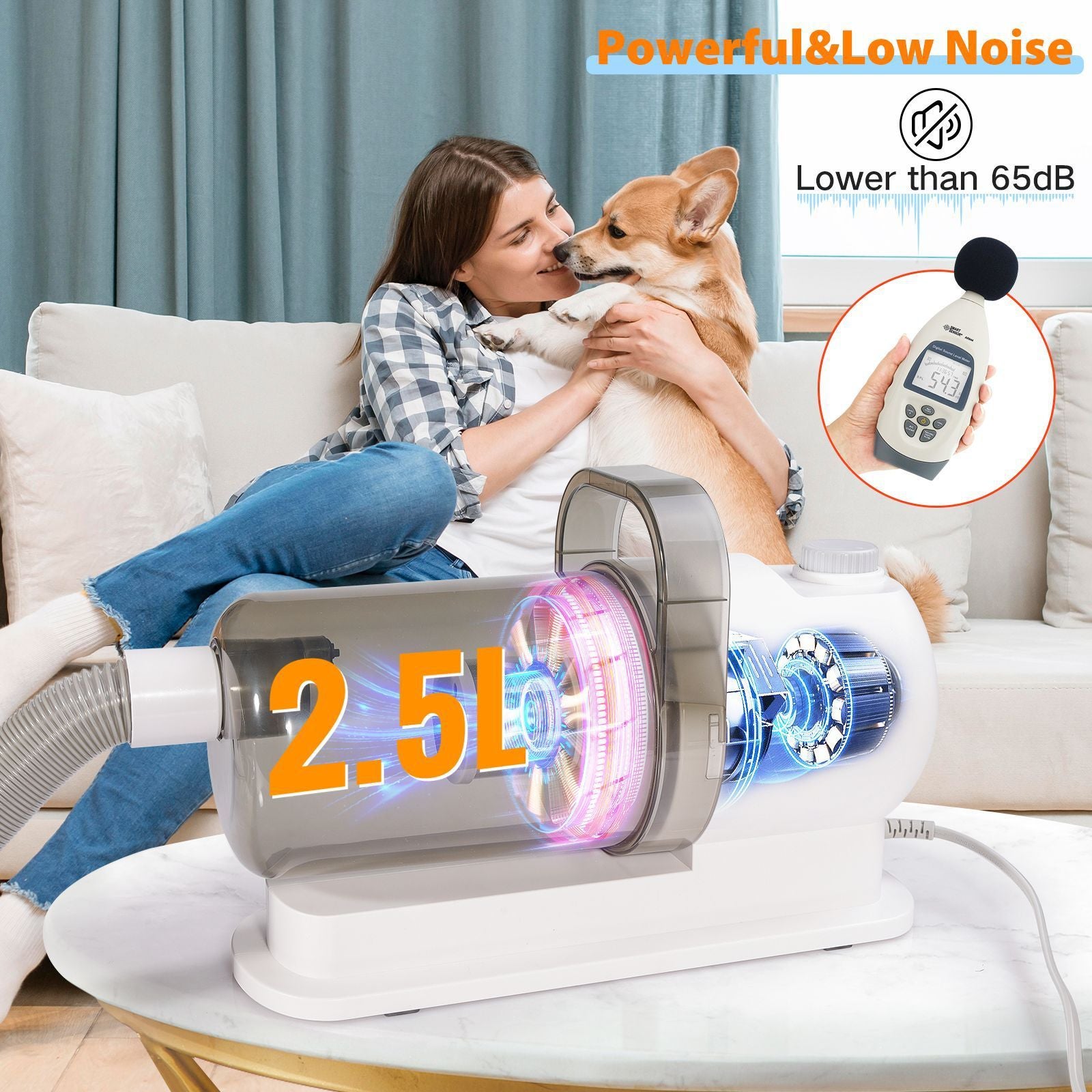 All-in-One Pet Grooming Vacuum Kit with Electric Clipper & Brushes for Dogs and Cats, Low Noise & Strong Suction (Grey)