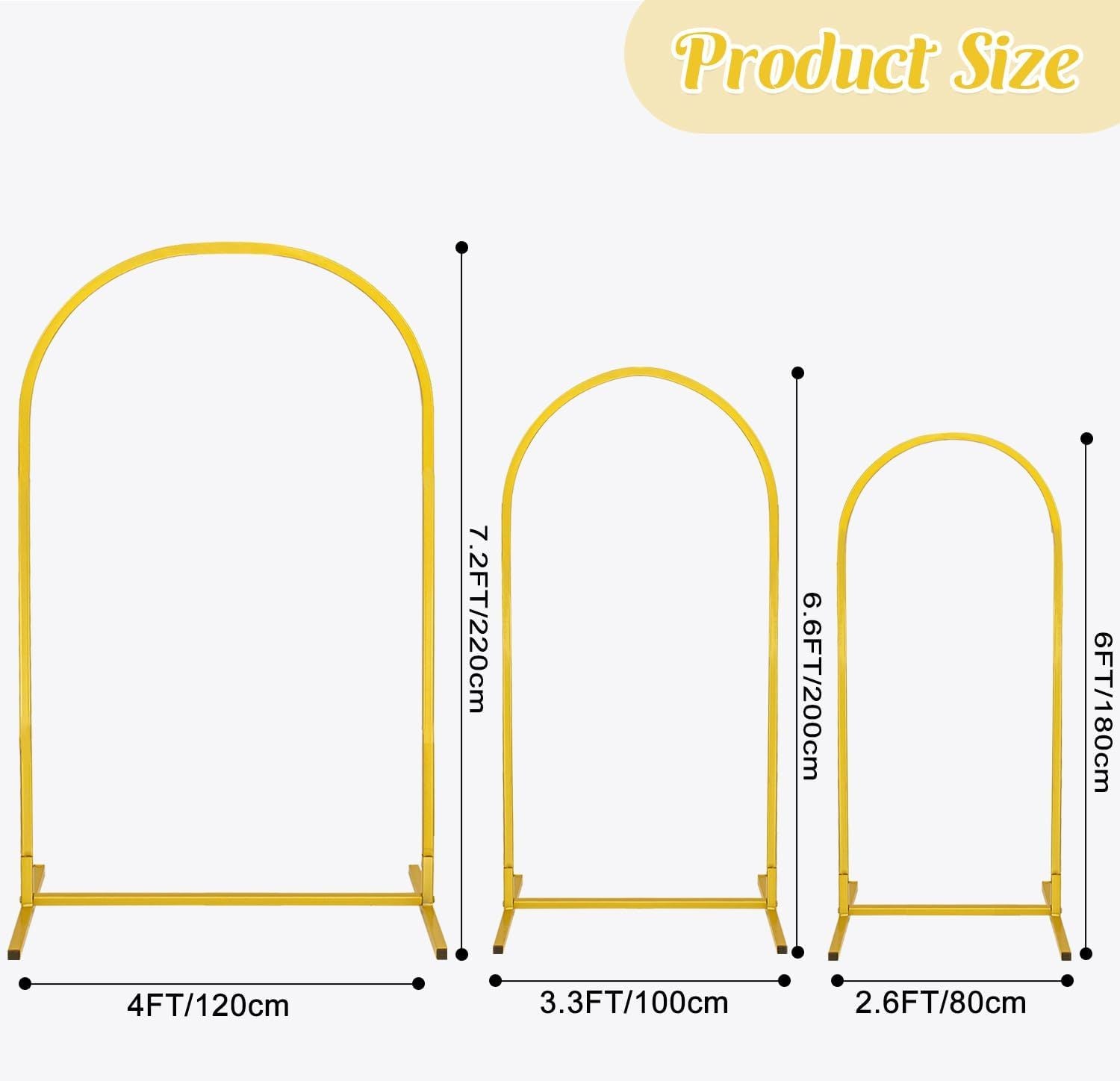 3-Piece Metal Wedding Arch Stand Set for Ceremony Backdrop, Balloon Decoration, and Party Stage Display (Gold)