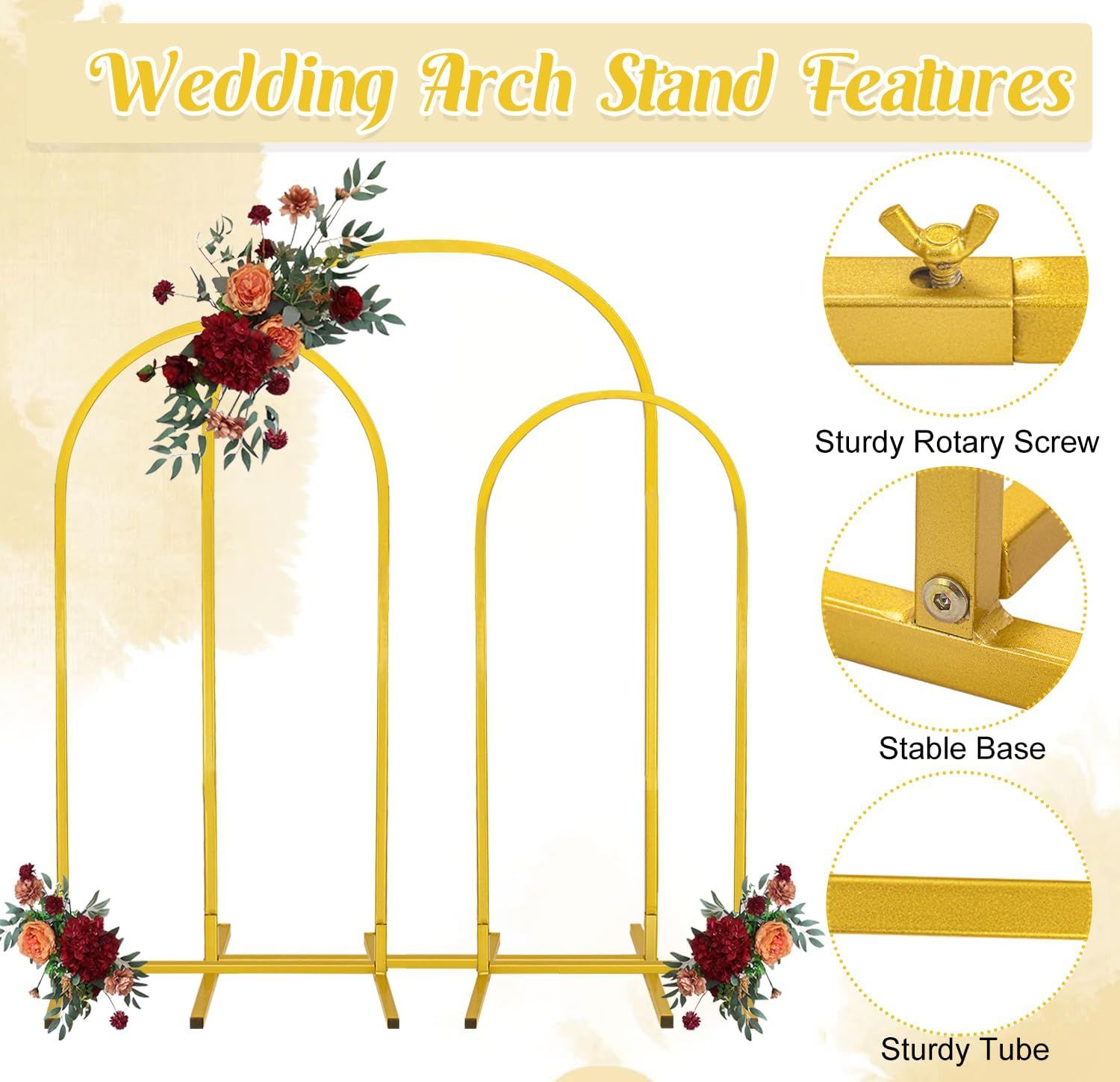 3-Piece Metal Wedding Arch Stand Set for Ceremony Backdrop, Balloon Decoration, and Party Stage Display (Gold)