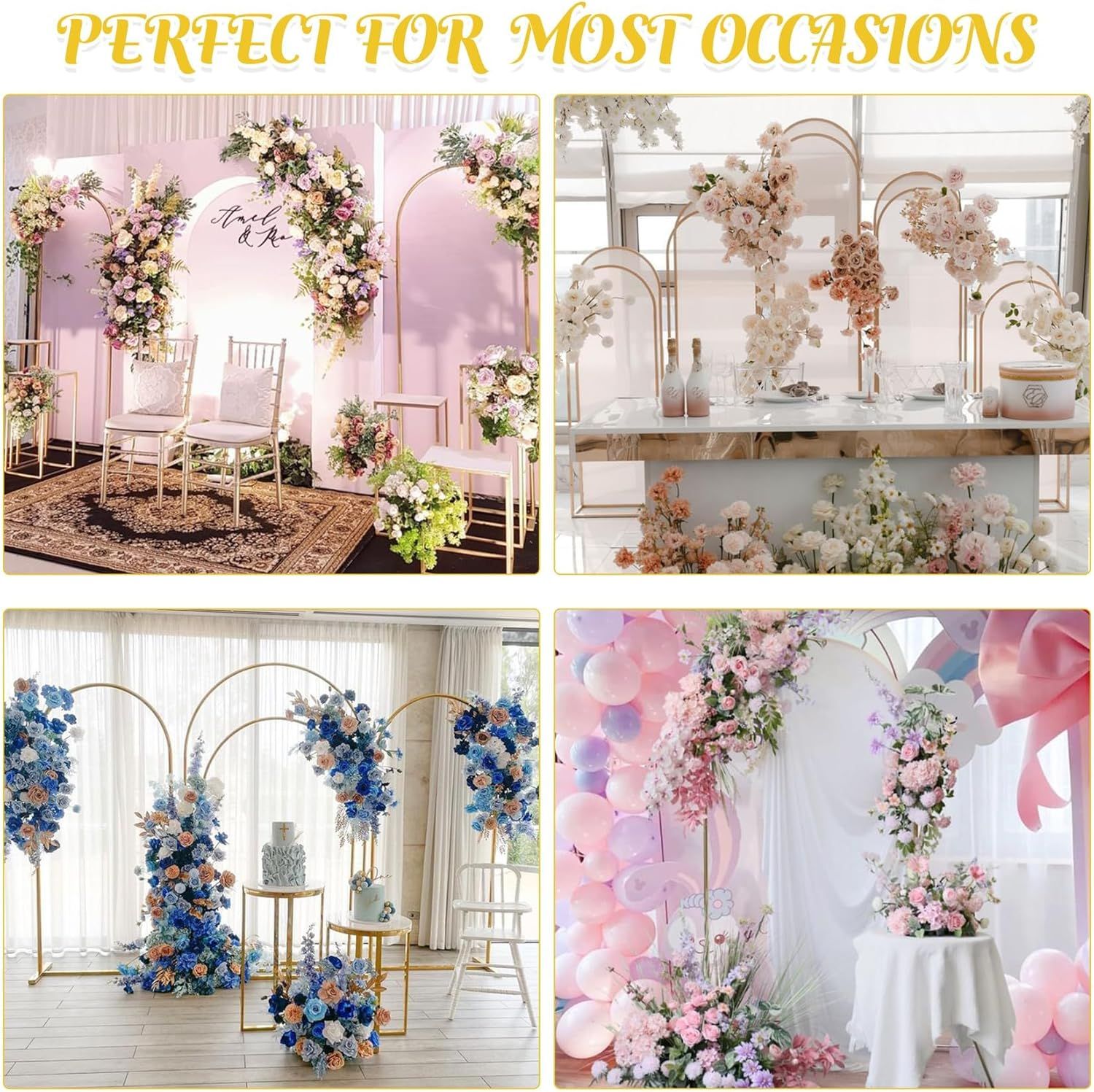 3-Piece Metal Wedding Arch Stand Set for Ceremony Backdrop, Balloon Decoration, and Party Stage Display (Gold)