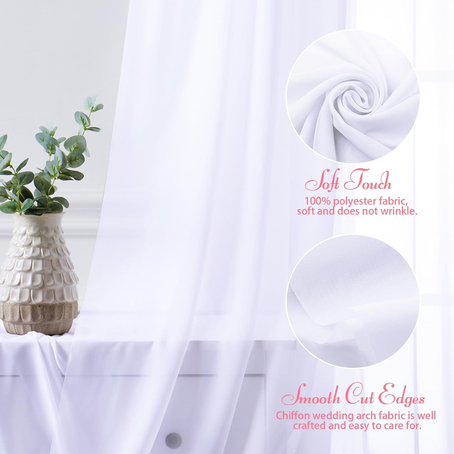 2 Pack Elegant Chiffon Wedding Arch Draping Fabric Panels for Outdoor Ceremony Backdrop and Party Decoration (White)