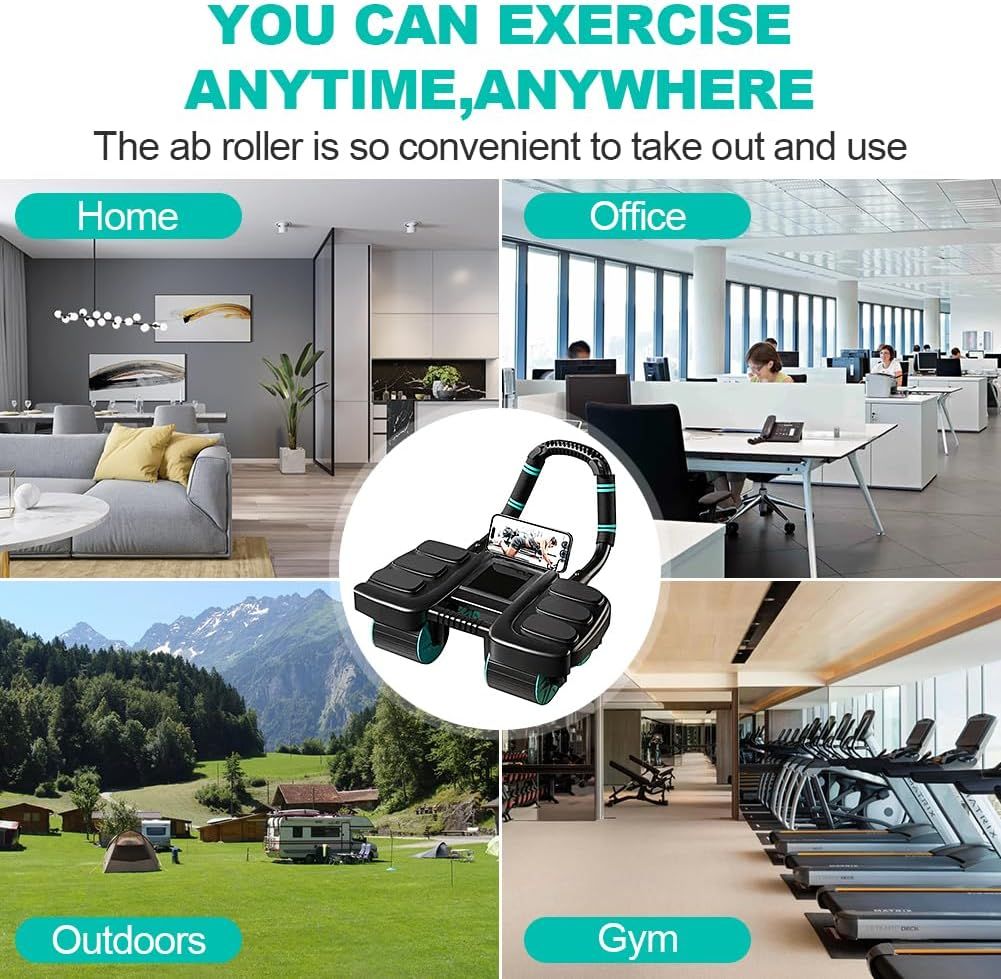Automatic Rebound Ab Roller with Six-Point Elbow Support & Phone Holder for Home Gym Core Workout (Blue)