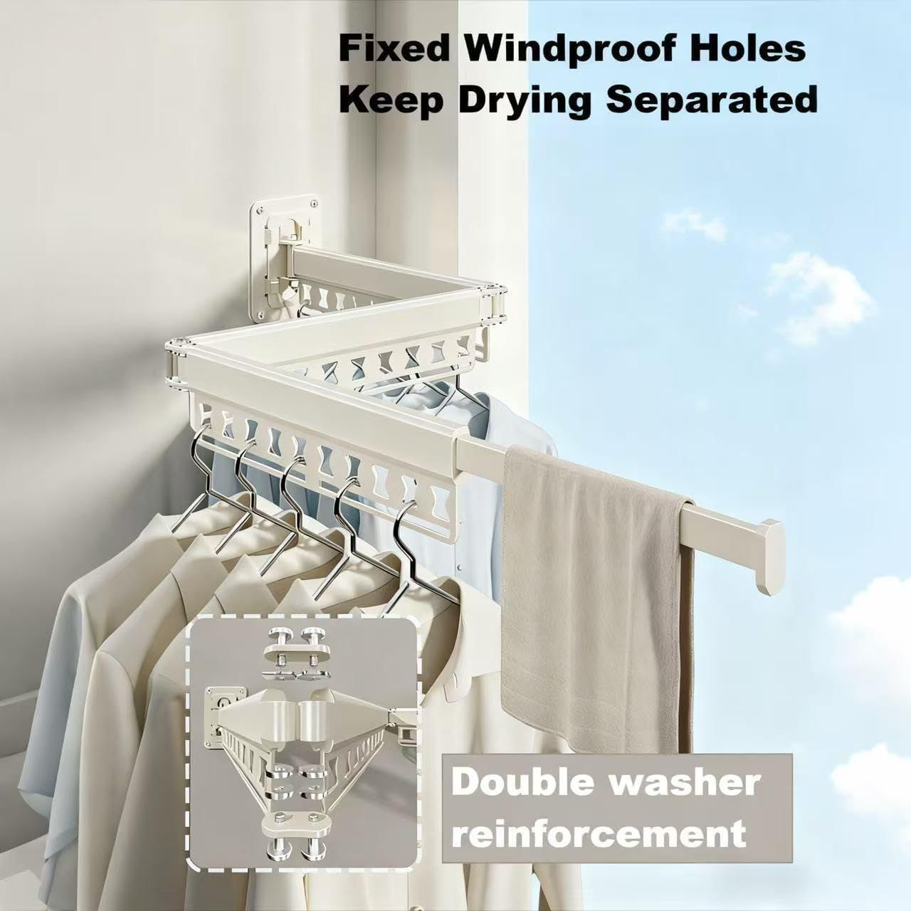 Wall-Mounted Folding Drying Rack with Windproof Holes & Retractable Rod for Balcony, Bathroom & Indoor Use (White)