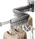 Wall-Mounted Folding Drying Rack with Windproof Holes & Retractable Rod for Balcony, Bathroom & Indoor Use (Gray)