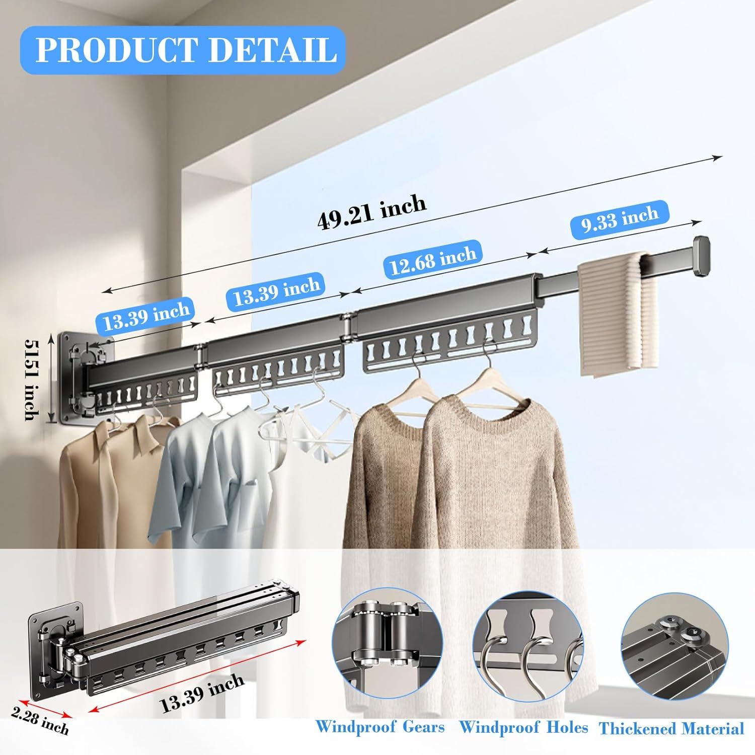 Wall-Mounted Folding Drying Rack with Windproof Holes & Retractable Rod for Balcony, Bathroom & Indoor Use (Gray)