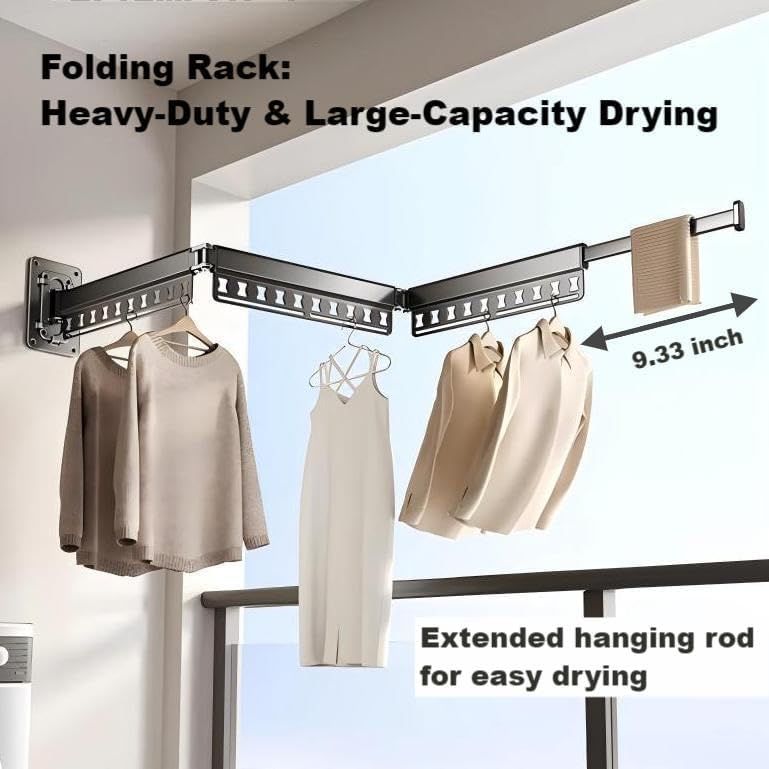 Wall-Mounted Folding Drying Rack with Windproof Holes & Retractable Rod for Balcony, Bathroom & Indoor Use (Gray)
