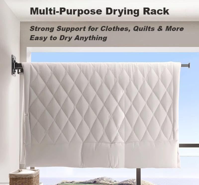 Wall-Mounted Folding Drying Rack with Windproof Holes & Retractable Rod for Balcony, Bathroom & Indoor Use (Gray)