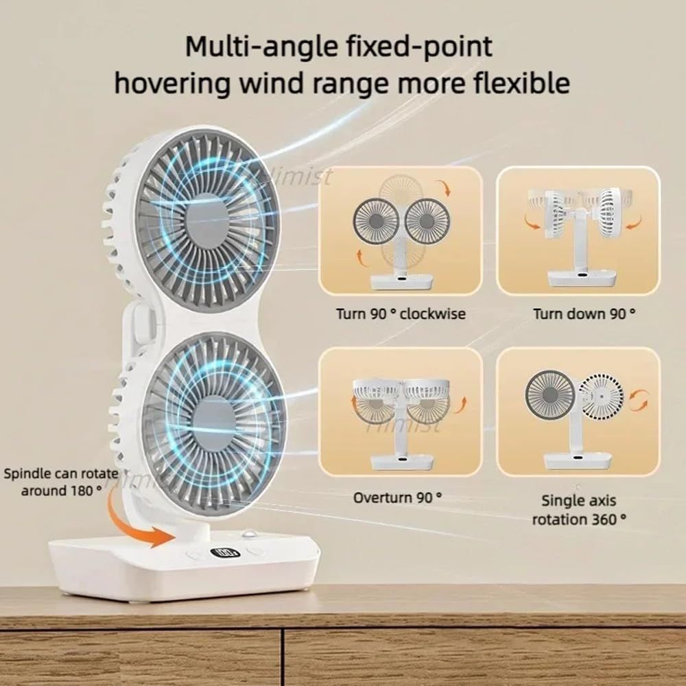 Dual-Head Auto-Oscillating Desktop Fan for Office & Bedroom, USB Rechargeable Portable Cooling with LED Display (White)