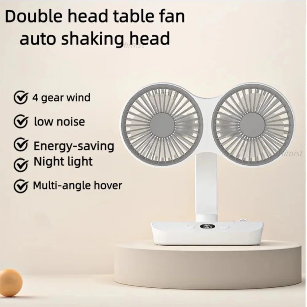 Dual-Head Auto-Oscillating Desktop Fan for Office & Bedroom, USB Rechargeable Portable Cooling with LED Display (White)