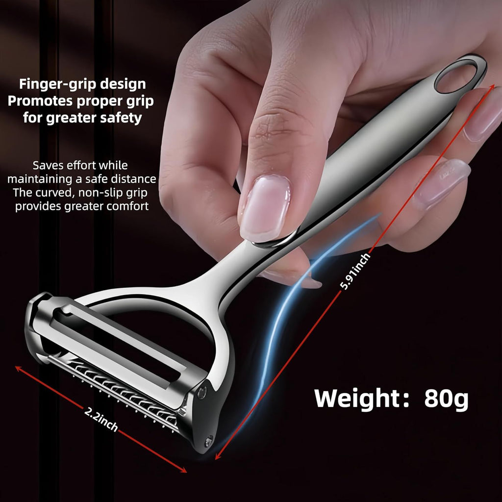 Premium Zinc Alloy Multifunctional Vegetable Peeler with Rotating Serrated Blade, Ergonomic Handle for Kitchen Food Prep, Julienne Shredding, and Potato Peeling (Silver)