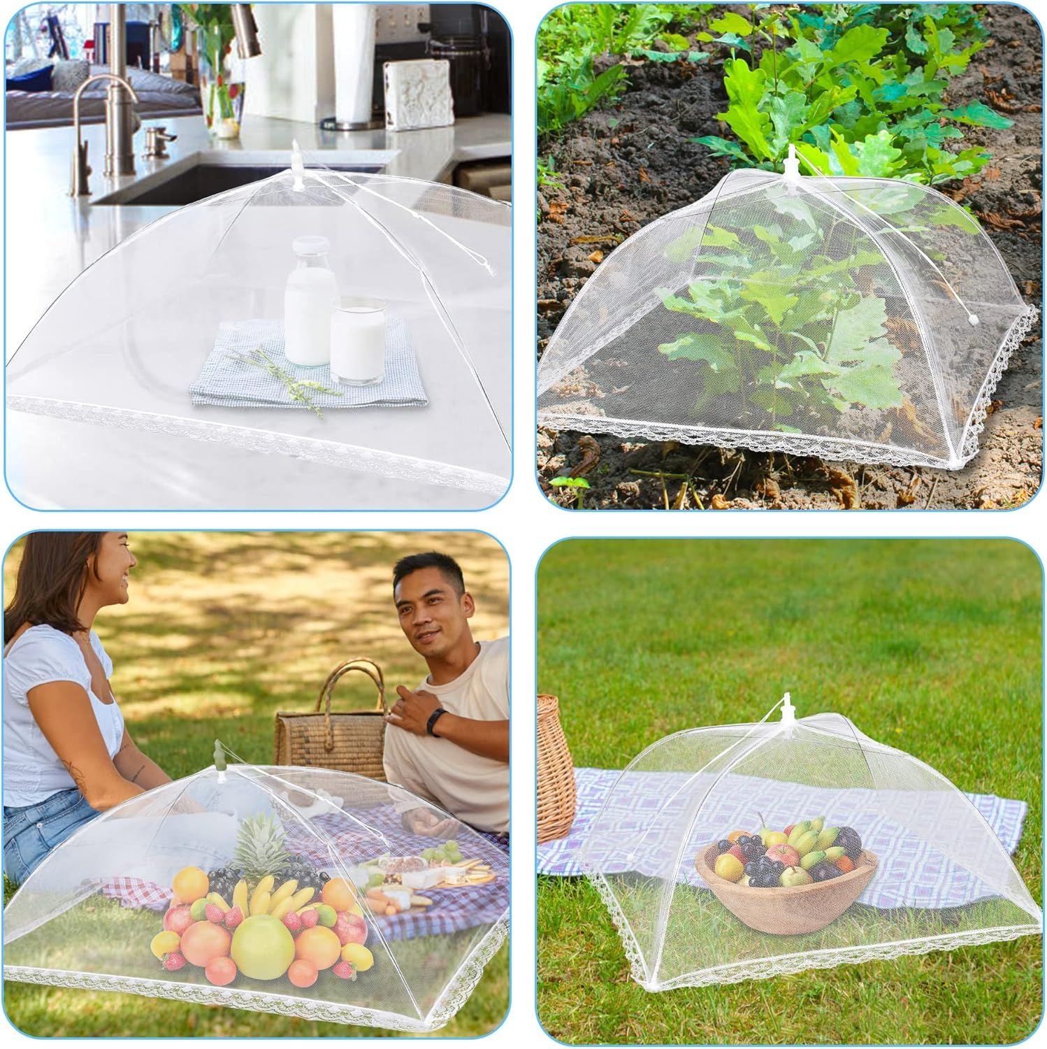 Reusable Pop-Up Mesh Food Cover Tent Set, Foldable Insect Net for Picnic Camping Kitchen Dustproof Protection with Storage Bag (White)