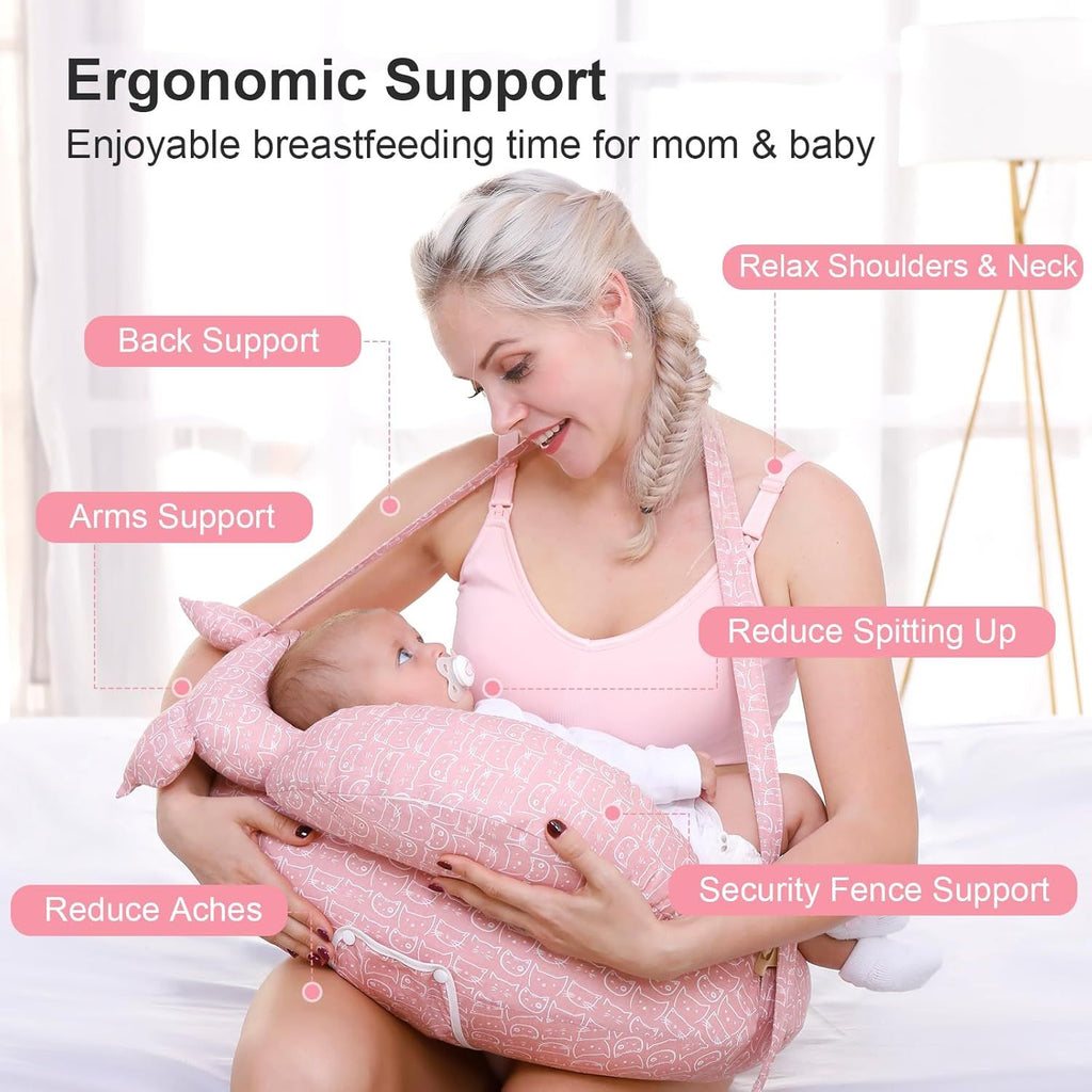 Multipurpose Nursing Pillow with Adjustable Waist Strap & Removable Cover for Feeding, Tummy Time & Nap Support (Pink)