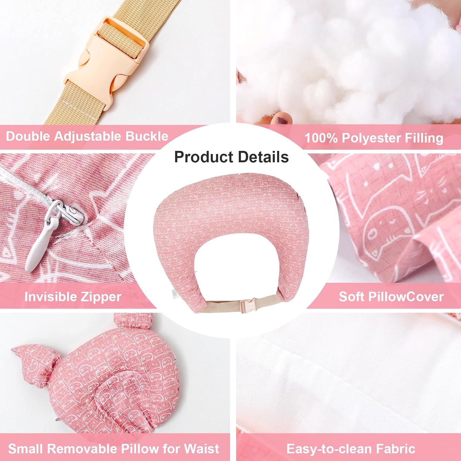 Multipurpose Nursing Pillow with Adjustable Waist Strap & Removable Cover for Feeding, Tummy Time & Nap Support (Pink)