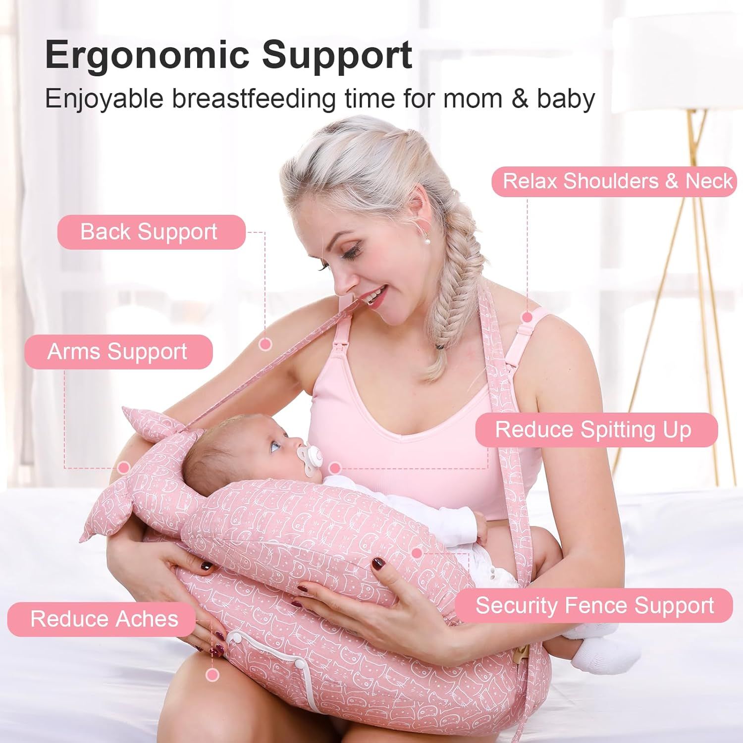 Multipurpose Nursing Pillow with Adjustable Waist Strap & Removable Cover for Feeding, Tummy Time & Nap Support (Grey)