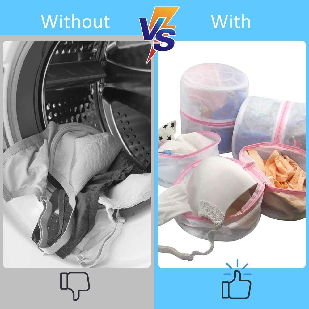 4 Pack Round Mesh Bra Lingerie Wash Bags with Auto-Lock Zipper & Elastic Rack for Delicates, Travel Storage Organizer (Pink)