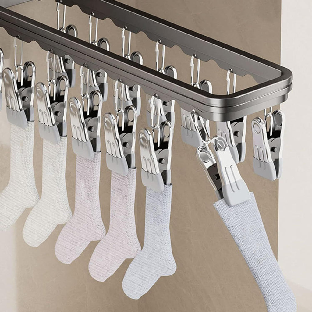 Wall-Mounted Foldable Sock Drying Rack with Multiple Clips for Balcony & Bathroom, Space-Saving Laundry Organizer (Gray)