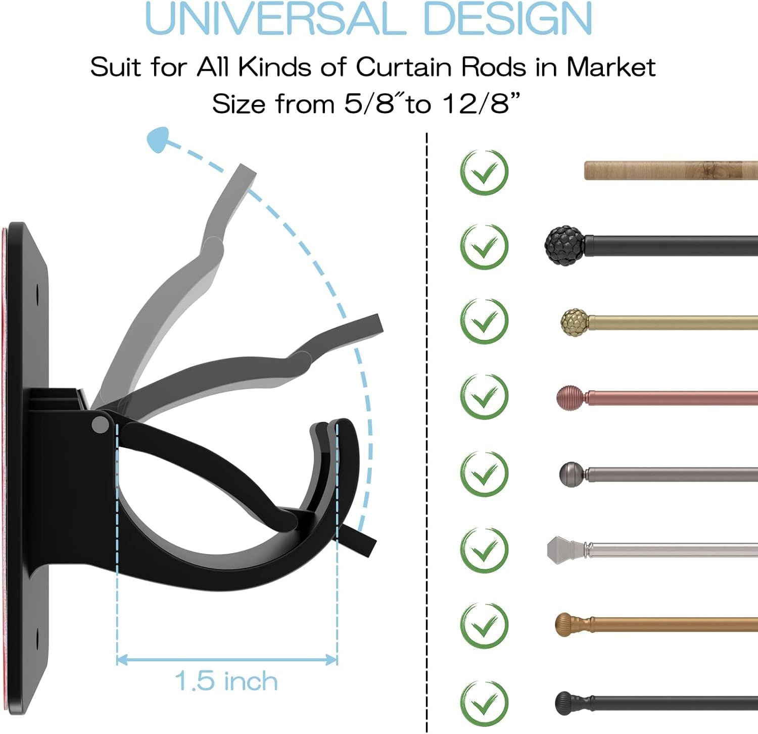 4-Pack No-Drill Self-Adhesive Curtain Rod Brackets for Smooth Walls, Universal Fit for Bathroom & Bedroom (Black)