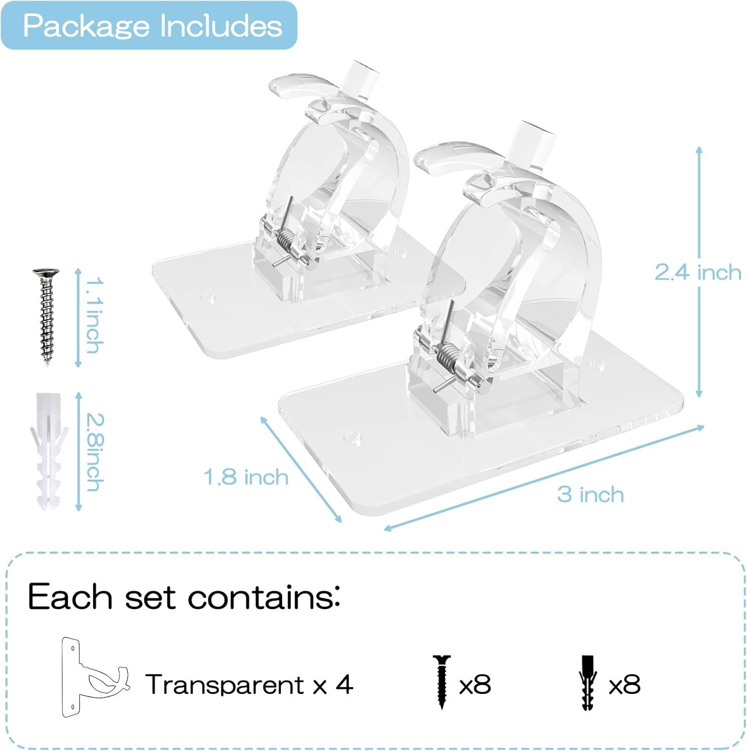 4-Pack No-Drill Self-Adhesive Curtain Rod Brackets for Smooth Walls, Universal Fit for Bathroom & Bedroom (Transparent)