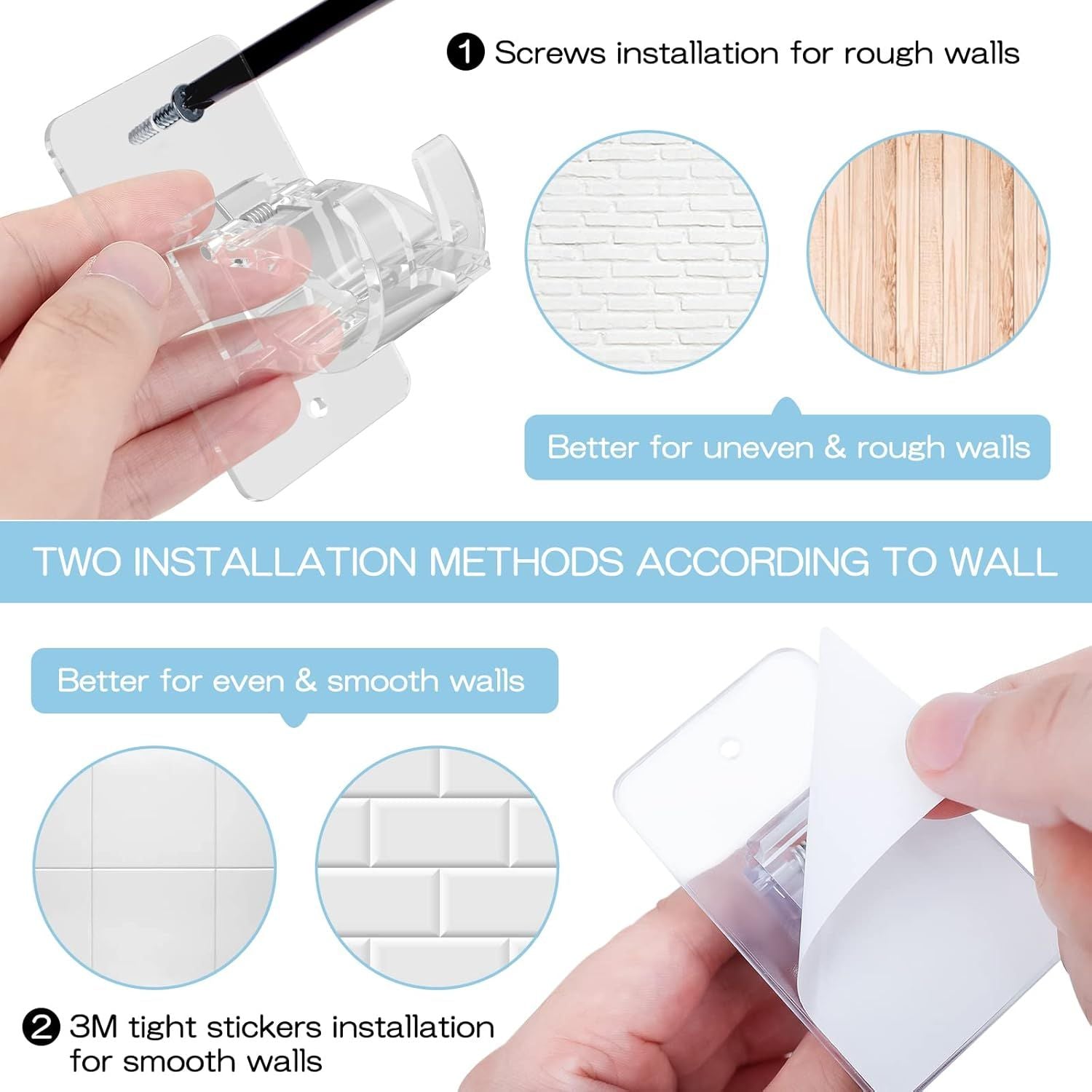 4-Pack No-Drill Self-Adhesive Curtain Rod Brackets for Smooth Walls, Universal Fit for Bathroom & Bedroom (Transparent)