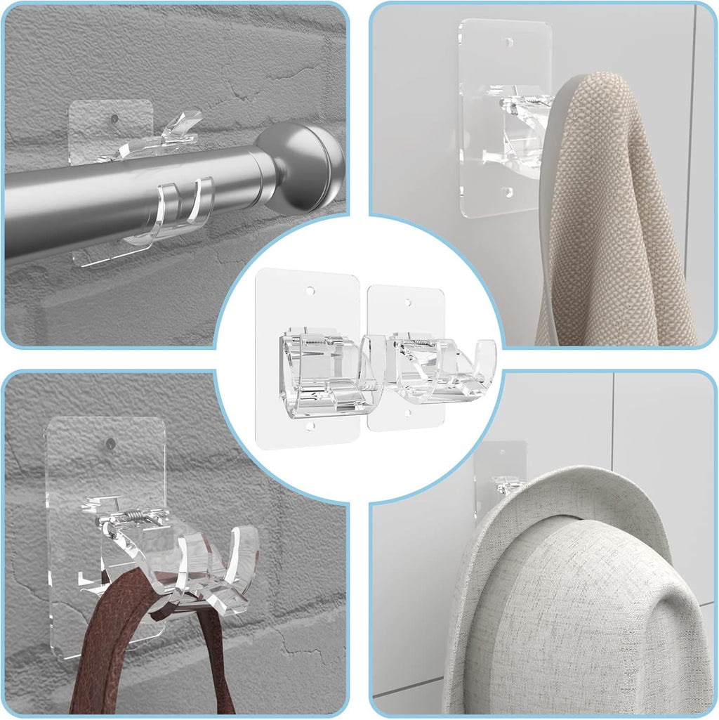 4-Pack No-Drill Self-Adhesive Curtain Rod Brackets for Smooth Walls, Universal Fit for Bathroom & Bedroom (Transparent)