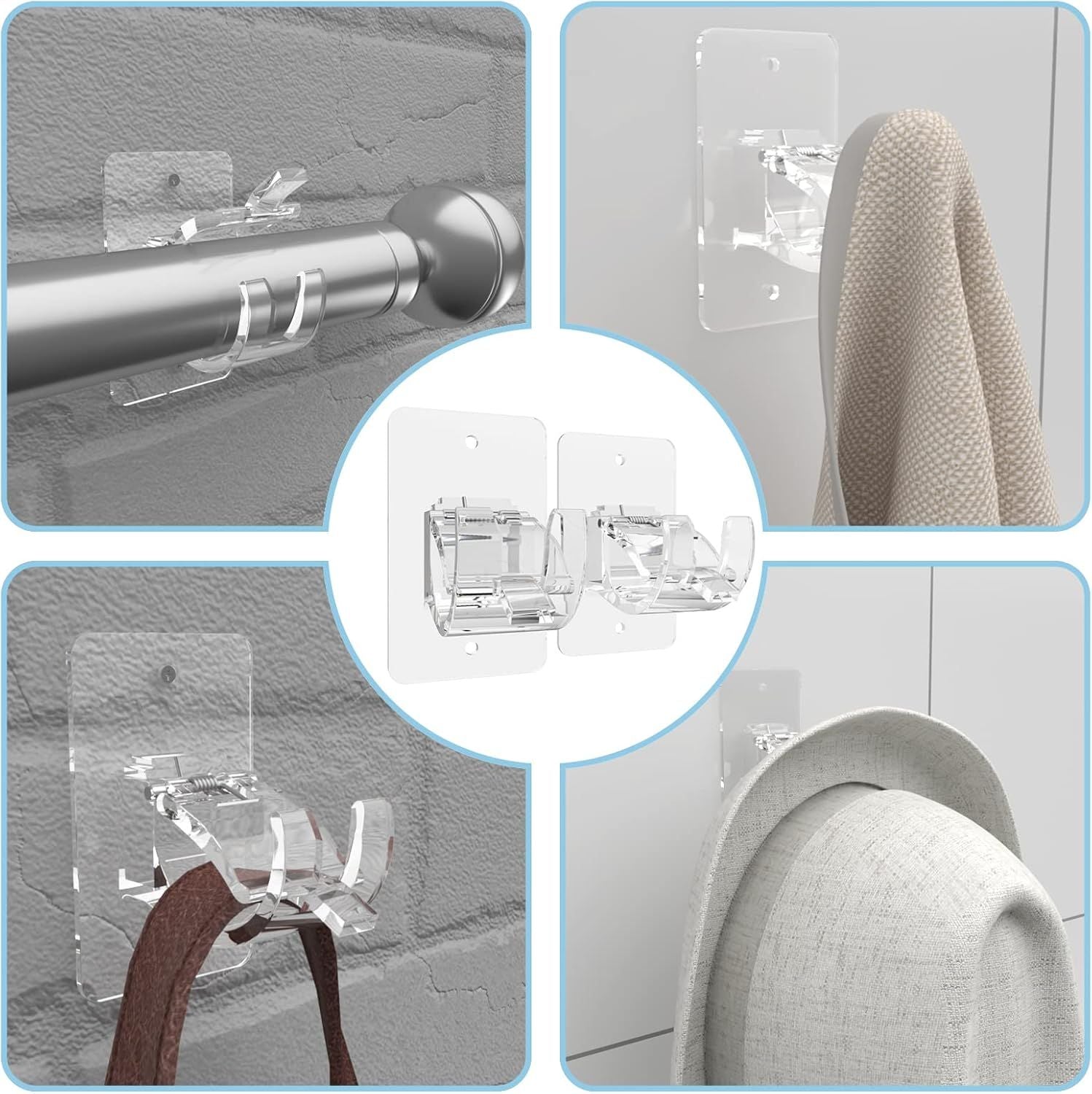 4-Pack No-Drill Self-Adhesive Curtain Rod Brackets for Smooth Walls, Universal Fit for Bathroom & Bedroom (Transparent)