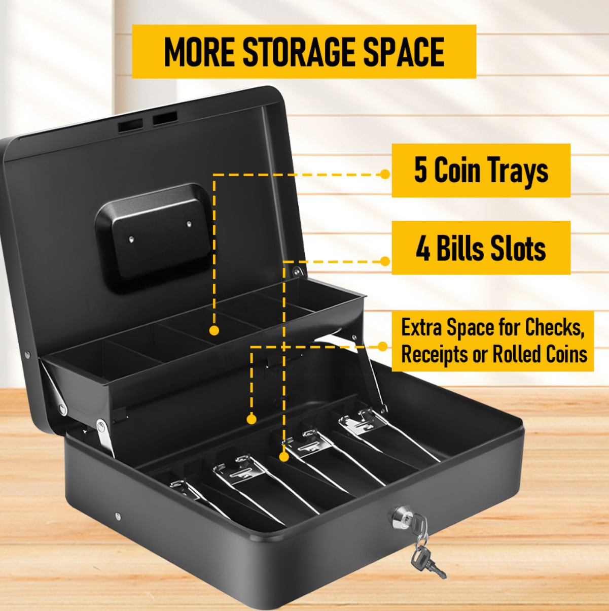 Cash Box With Security Locker And Security Cable, Money Box/Cash Tin With Money Tray For Saving Organizer-Grey