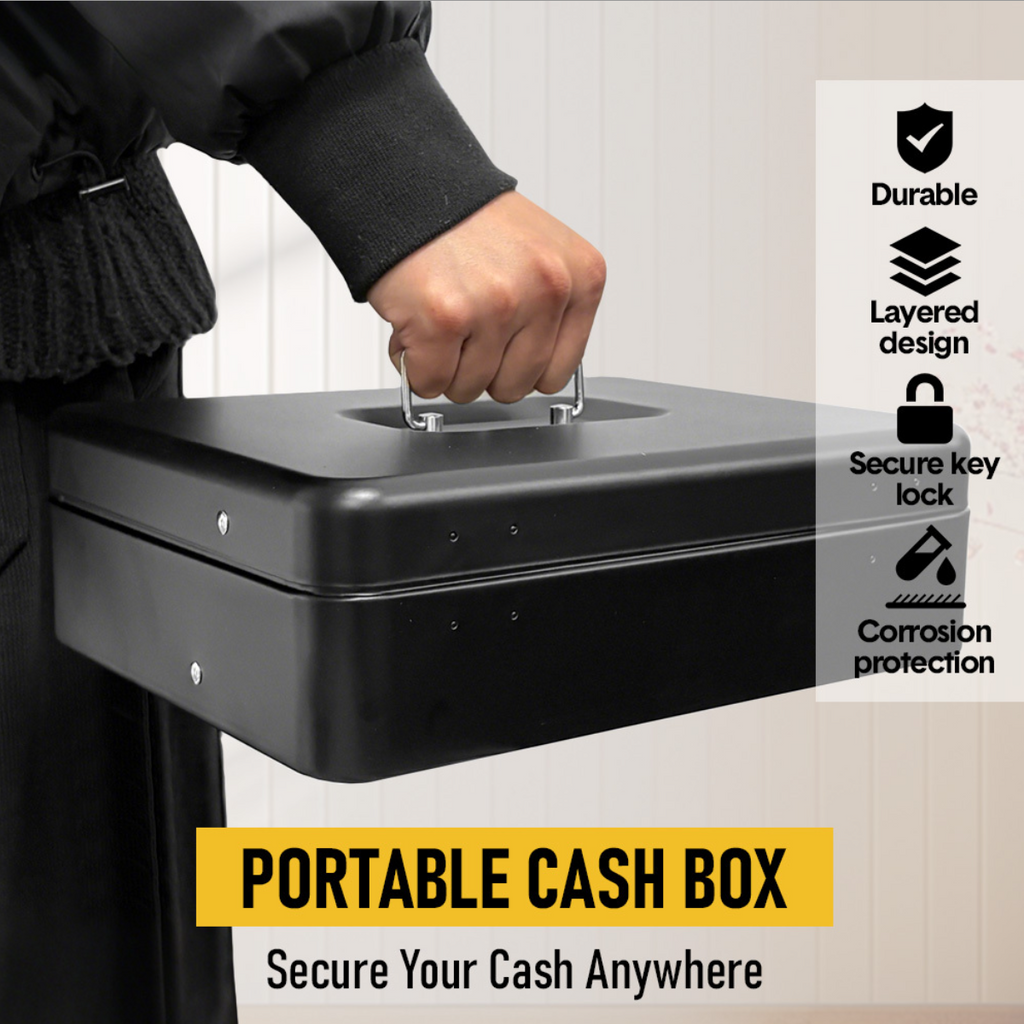 Cash Box With Security Locker And Security Cable, Money Box/Cash Tin With Money Tray For Saving Organizer-Red