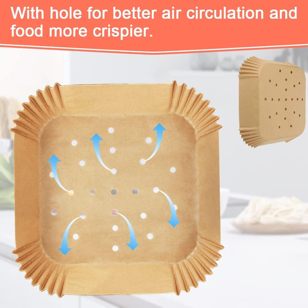 Square Air Fryer Liners for 2 to 5 Qt, Set of 100, 8 Inch Perforated Square Air Fryer Parchment Paper, Air Fryer Filters for Basket, Compatible with Corsori, Instant Vortex, Dash and More