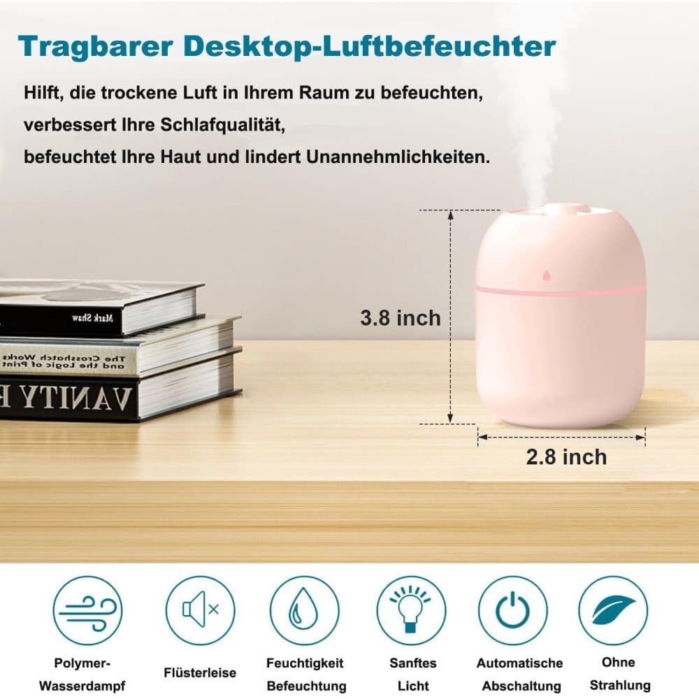 Portable Mini Humidifier 0.22L with USB, Automatic Shutoff, 2 Spray Modes for Bedroom Office and Car, Green