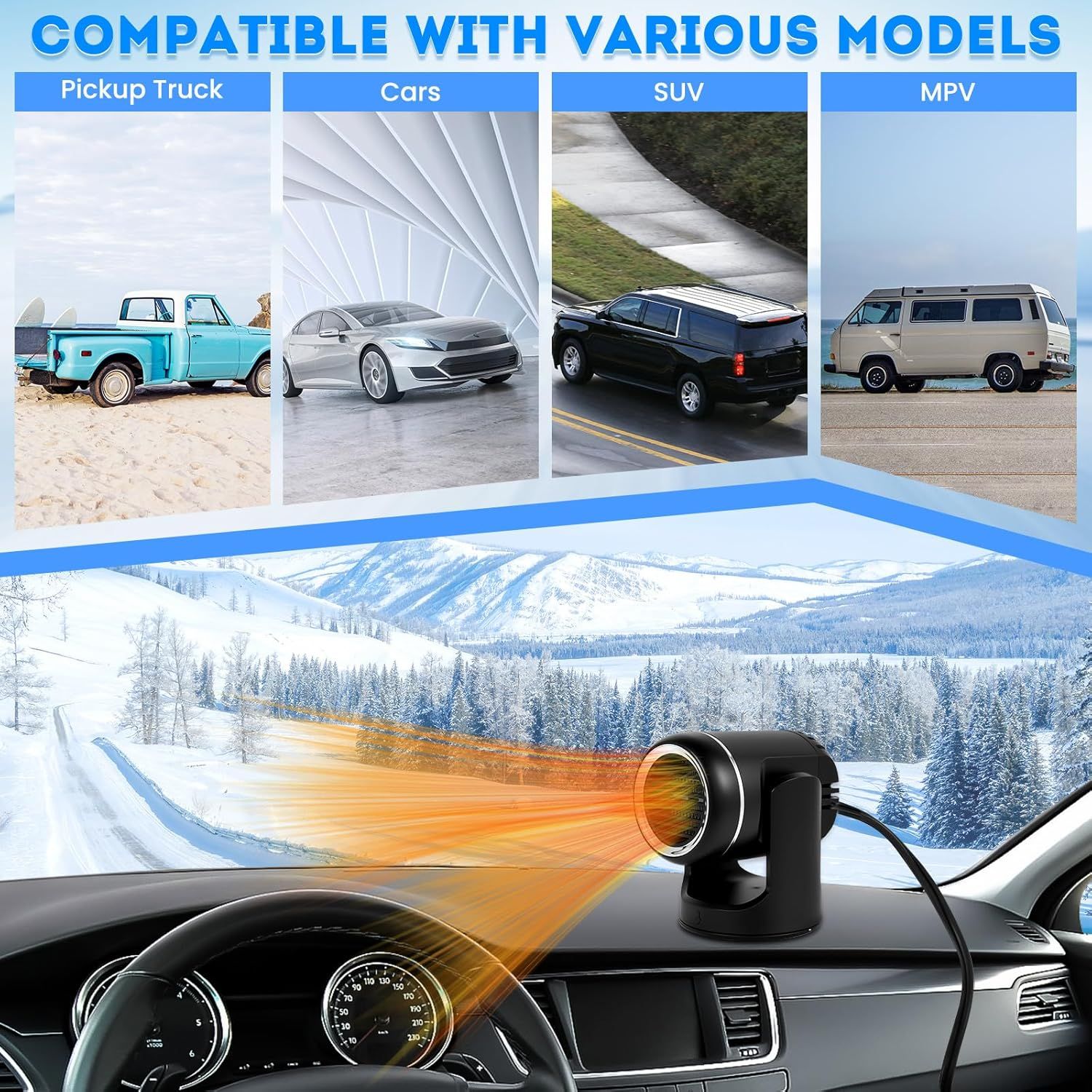 12V 150W Car Heater - 2-in-1 Heating/Cooling - 360-Degree Rotation - Windshield Defroster