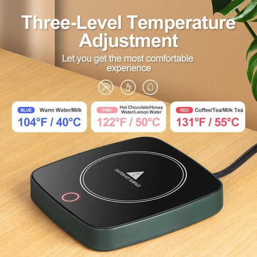 16W Desktop Coffee Mug Warmer, 3 Adjustable Temperature Levels, 12-Hour Auto Shut-Off, Waterproof Reinforced Tempered Glass Plate, Honeycomb Heat Dissipation, Electric Cup Heater for Home or Office, Green