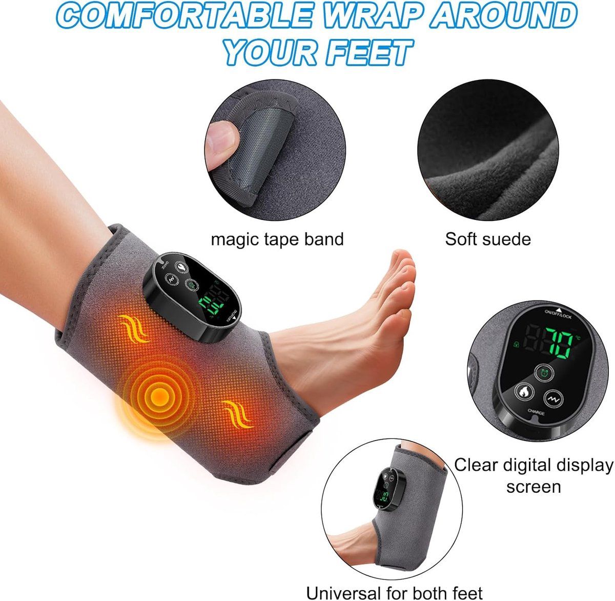 Foot Massager with Heat and Vibration Cordless Rechargeable Compression Wrap Grey