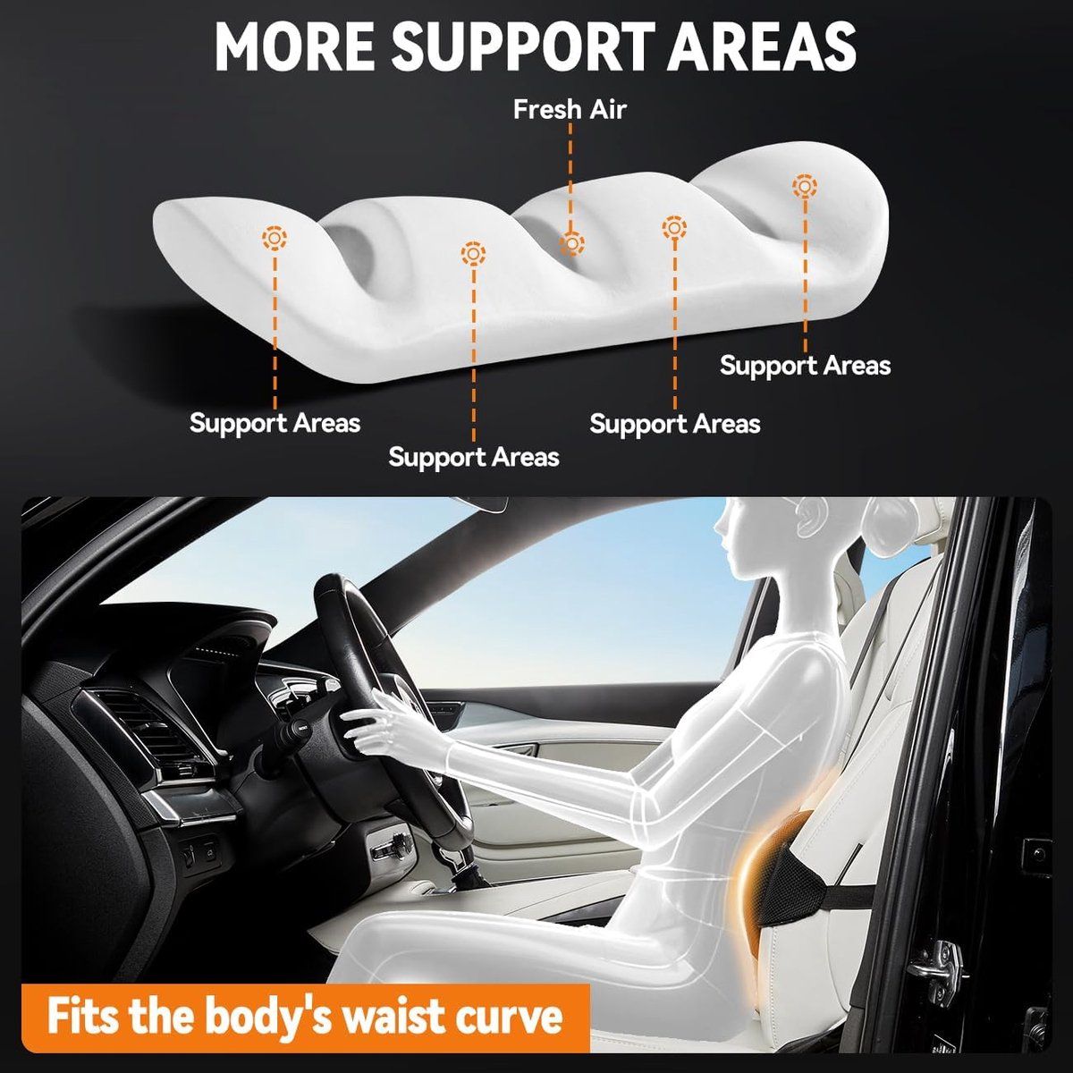 Car Lumbar Support Cushion Height Adjustable with Straps Black, 40 x 19 x 8 cm