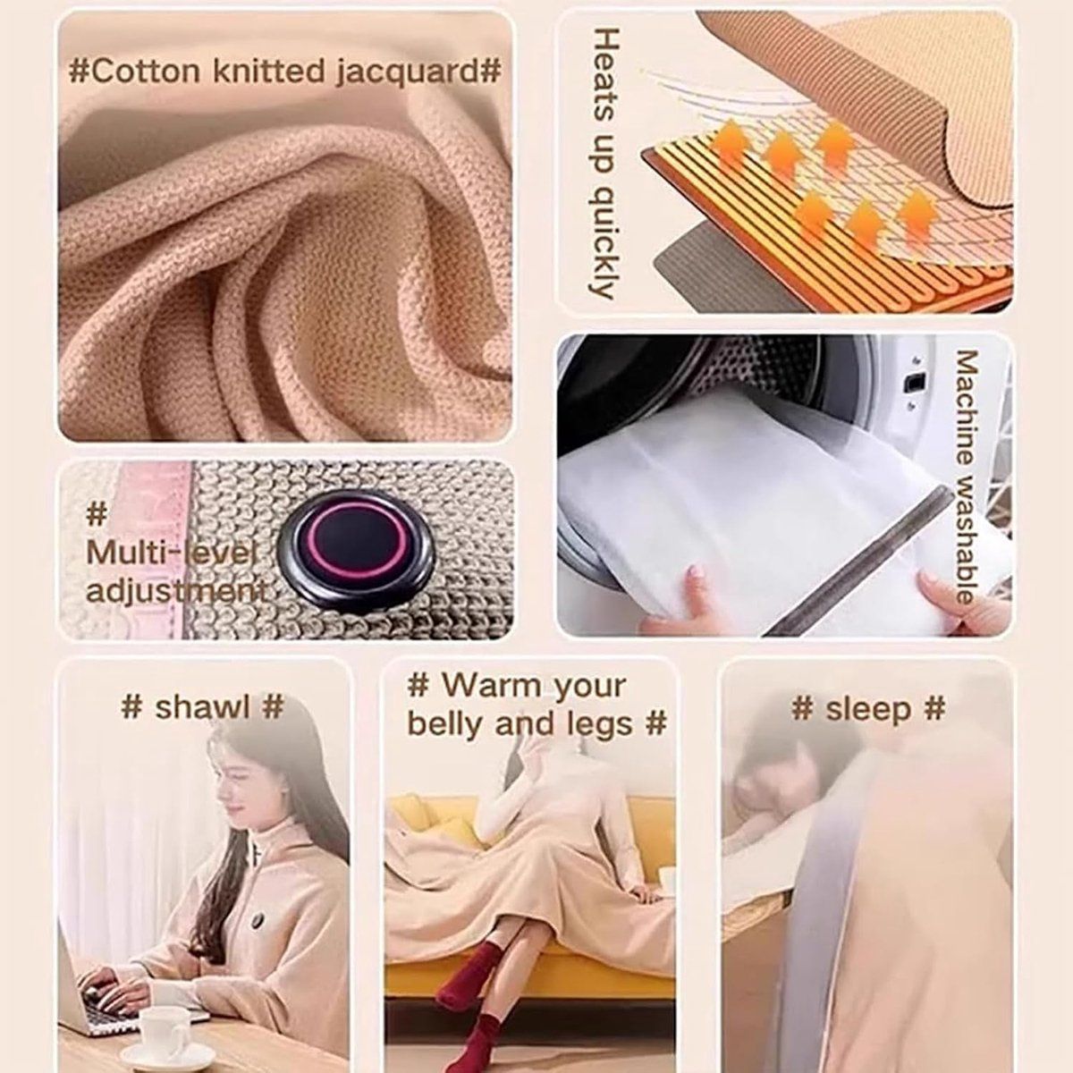 USB Heated Hooded Scarf with Zipper 3 Temperature Settings Apricot, 150 x 80 cm