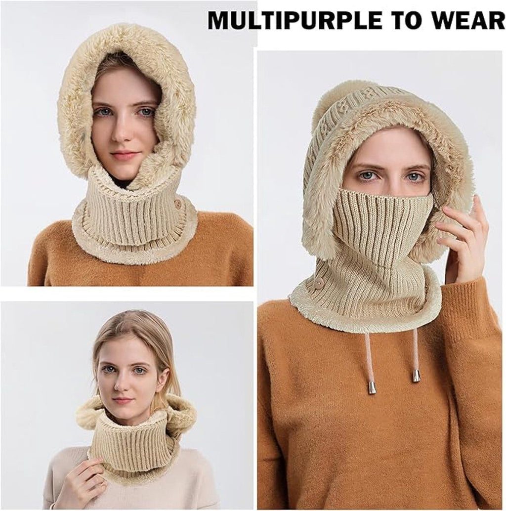 1 Piece Knitted Hat and Neck Warmer Set Fleece Lined Pink
