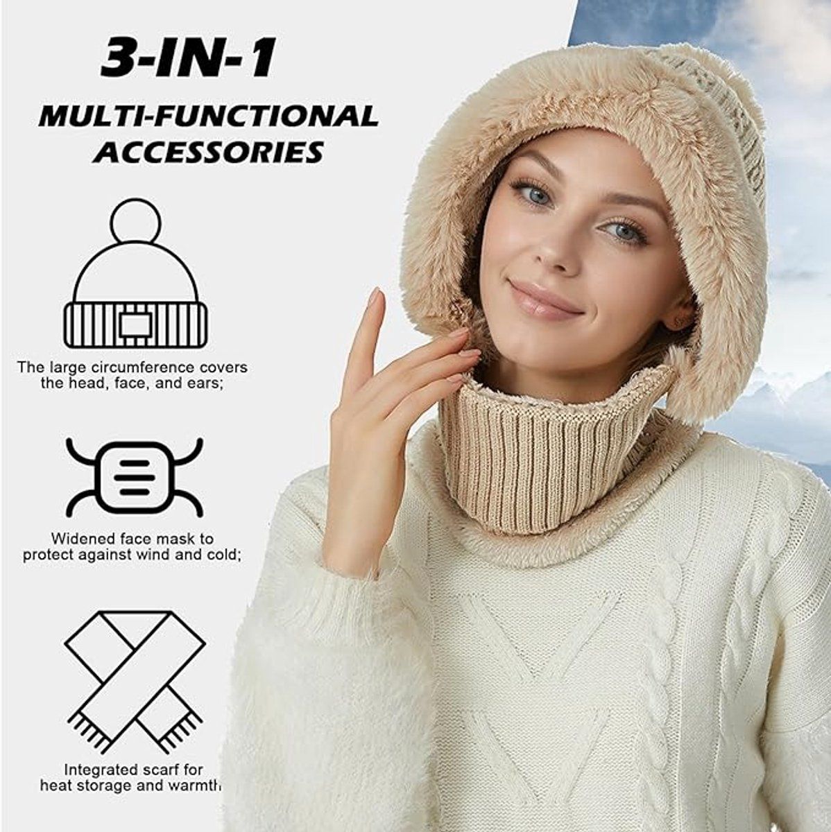 1 Piece Knitted Hat and Neck Warmer Set Fleece Lined Pink
